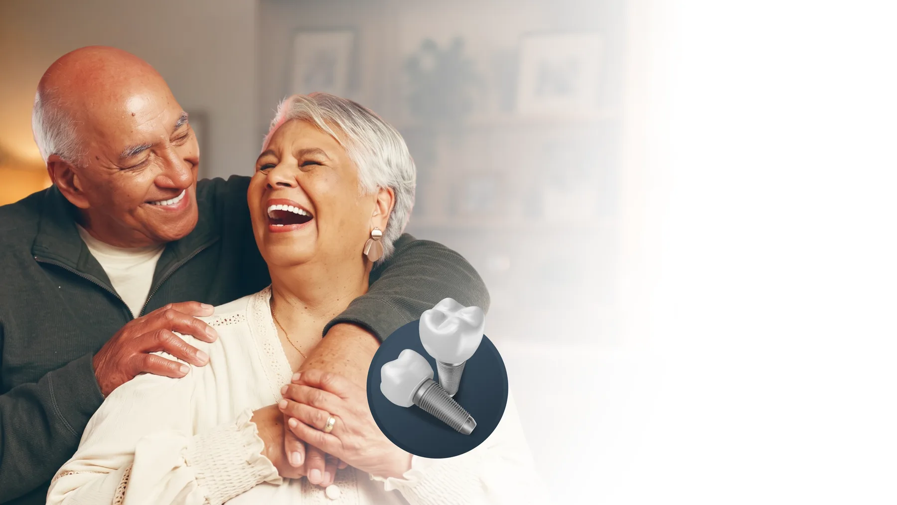A couple smiling together, with an illustration of a dental implant